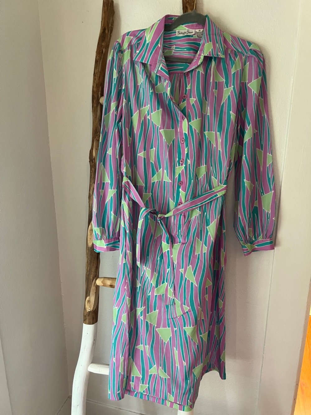 Vintage 80s Lilac Purple Geometric Long Sleeve Shirt Dress with Tie Waist 14 XL
